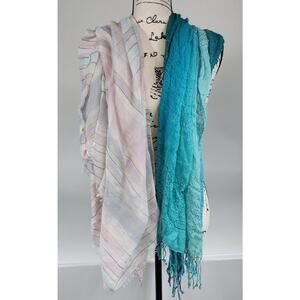 Women's‎ Lightweight Accessory Scarf Teal Pink Tassel Stripe - Set of 2